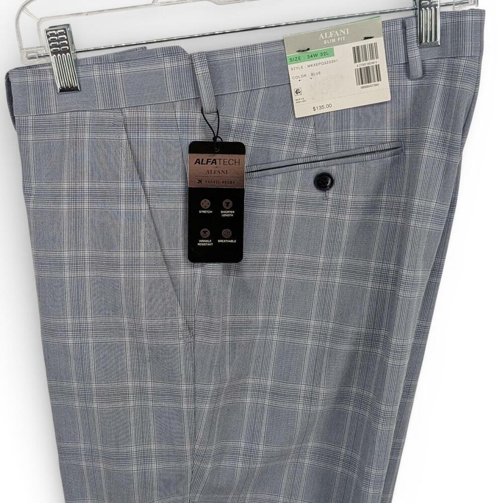 Alfani Men's Slim Fit Stretch Travel Ready Suit Dress Pants Plaid Blue 34 x 32